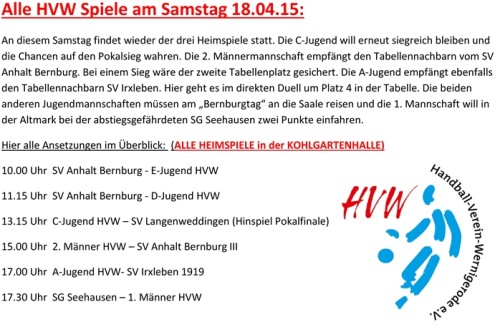 Spielansetzungen für den 18.04.15